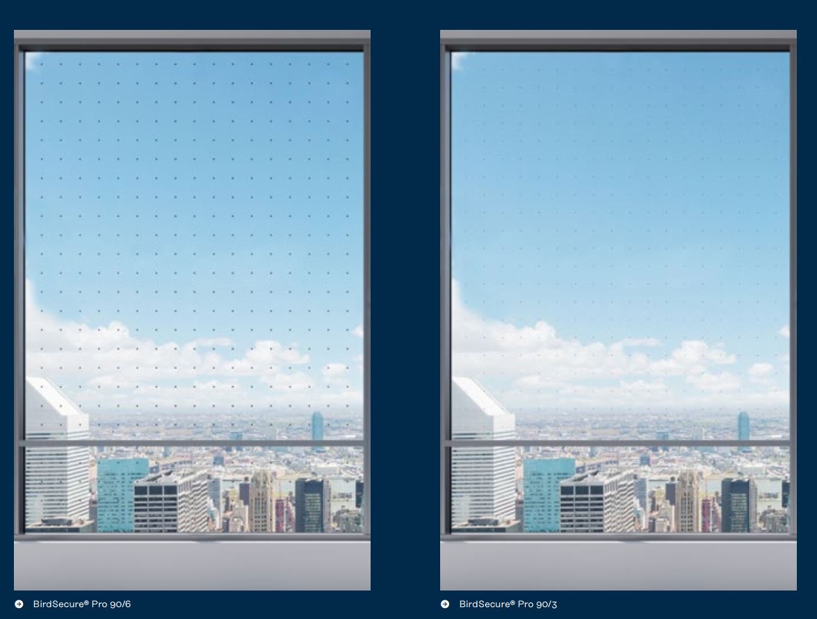 Visibilidad del patrón bird-friendly a 1 m, 2 m y 3 m de distancia — a 3 metros el vidrio es transparente para las personas